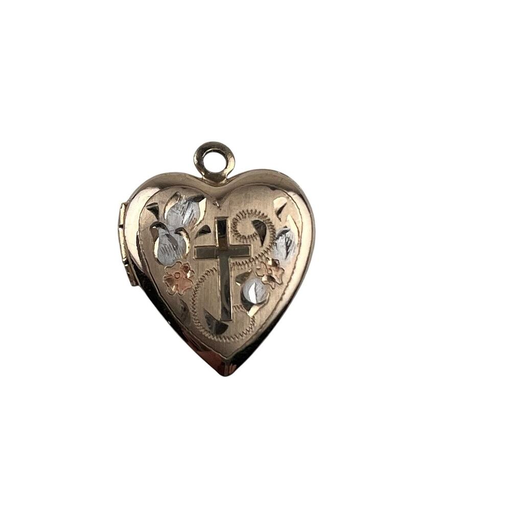 Gold Filled GF 1/2" Heart Cross & Flowers Locket Pendant